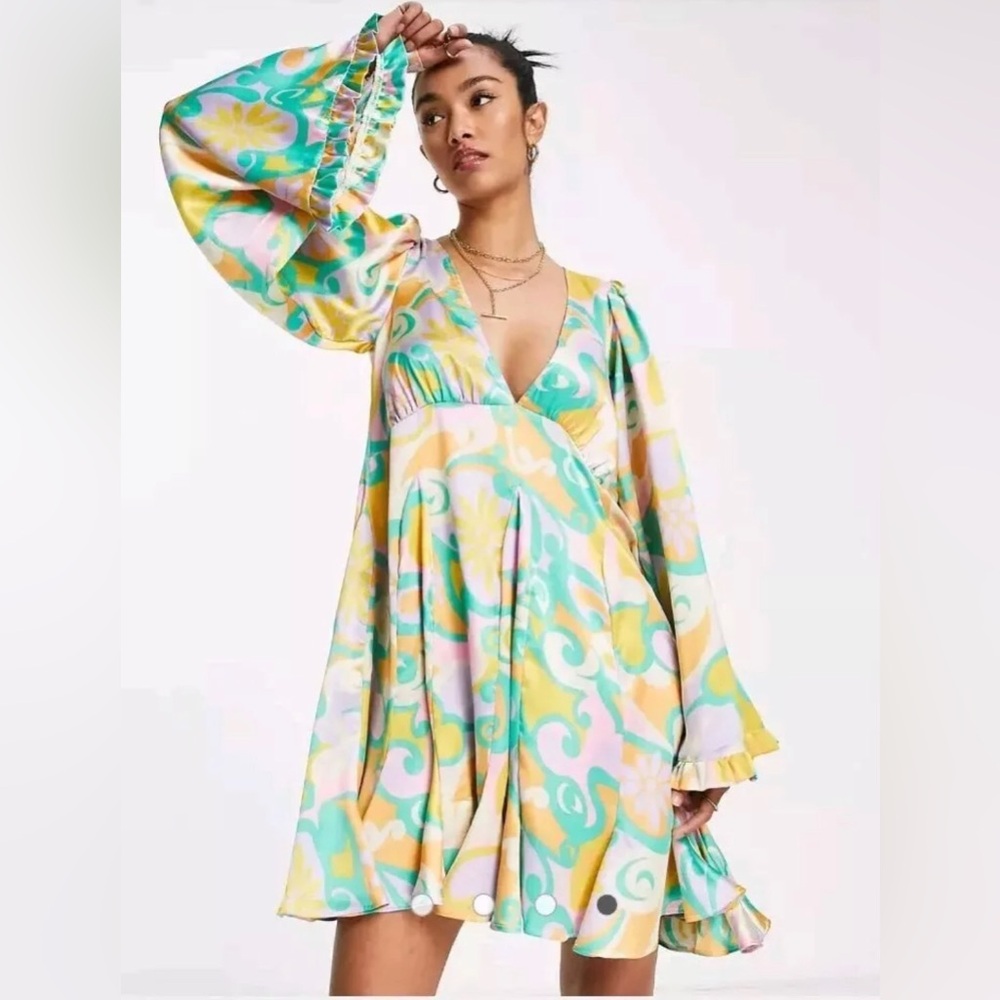 ASOS Pastel Swirl Mini Dress in Mint, Yellow & Pink